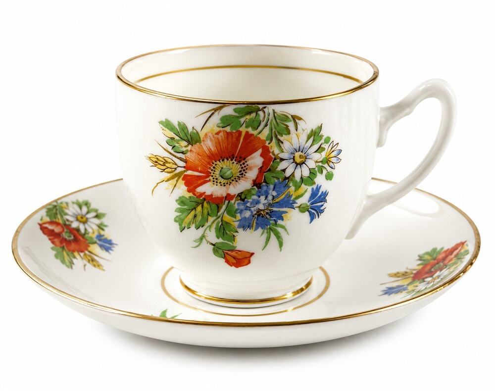 Duchess Bone China England Teacup Saucer Set Wildflower Poppy Gold Trim